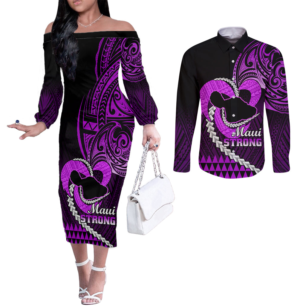 Personalised Hawaii Couples Matching Off The Shoulder Long Sleeve Dress and Long Sleeve Button Shirts Maui Be Strong Kakau Purple Version LT01 Purple - Polynesian Pride