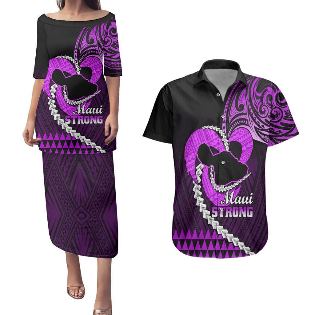 Personalised Hawaii Couples Matching Puletasi Dress and Hawaiian Shirt Maui Be Strong Kakau Purple Version LT01 Purple - Polynesian Pride