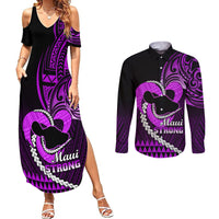 Personalised Hawaii Couples Matching Summer Maxi Dress and Long Sleeve Button Shirts Maui Be Strong Kakau Purple Version LT01 Purple - Polynesian Pride