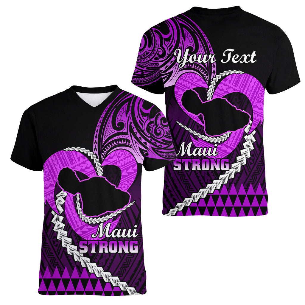 Personalised Hawaii Women V Neck T Shirt Maui Be Strong Kakau Purple Version LT01 - Polynesian Pride