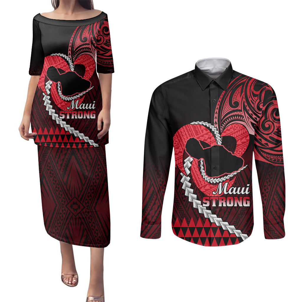 Personalised Hawaii Couples Matching Puletasi Dress and Long Sleeve Button Shirts Maui Be Strong Kakau Red Version LT01 Red - Polynesian Pride