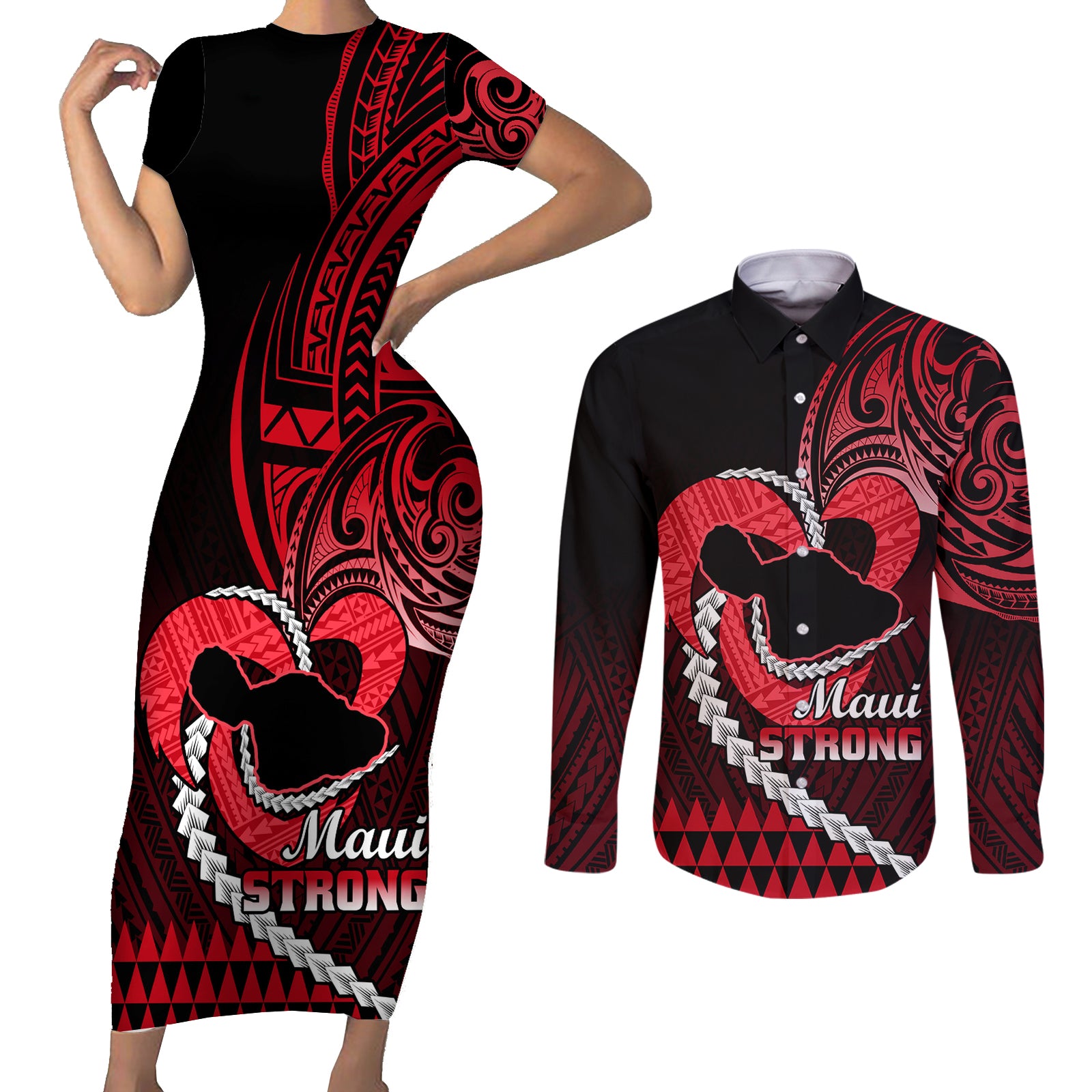 Personalised Hawaii Couples Matching Short Sleeve Bodycon Dress and Long Sleeve Button Shirts Maui Be Strong Kakau Red Version LT01 Red - Polynesian Pride