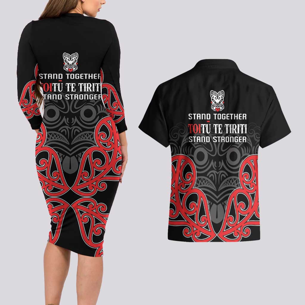 Toitu Te Tiriti 1840 Aotearoa Couples Matching Long Sleeve Bodycon Dress and Hawaiian Shirt Stand Together Stand Stronger