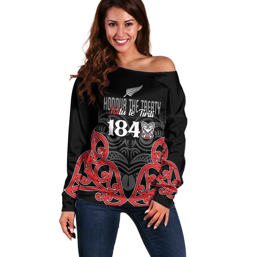 Toitu Te Tiriti 1840 Aotearoa Off Shoulder Sweater Stand Together Stand Stronger LT01 Women Black - Polynesian Pride