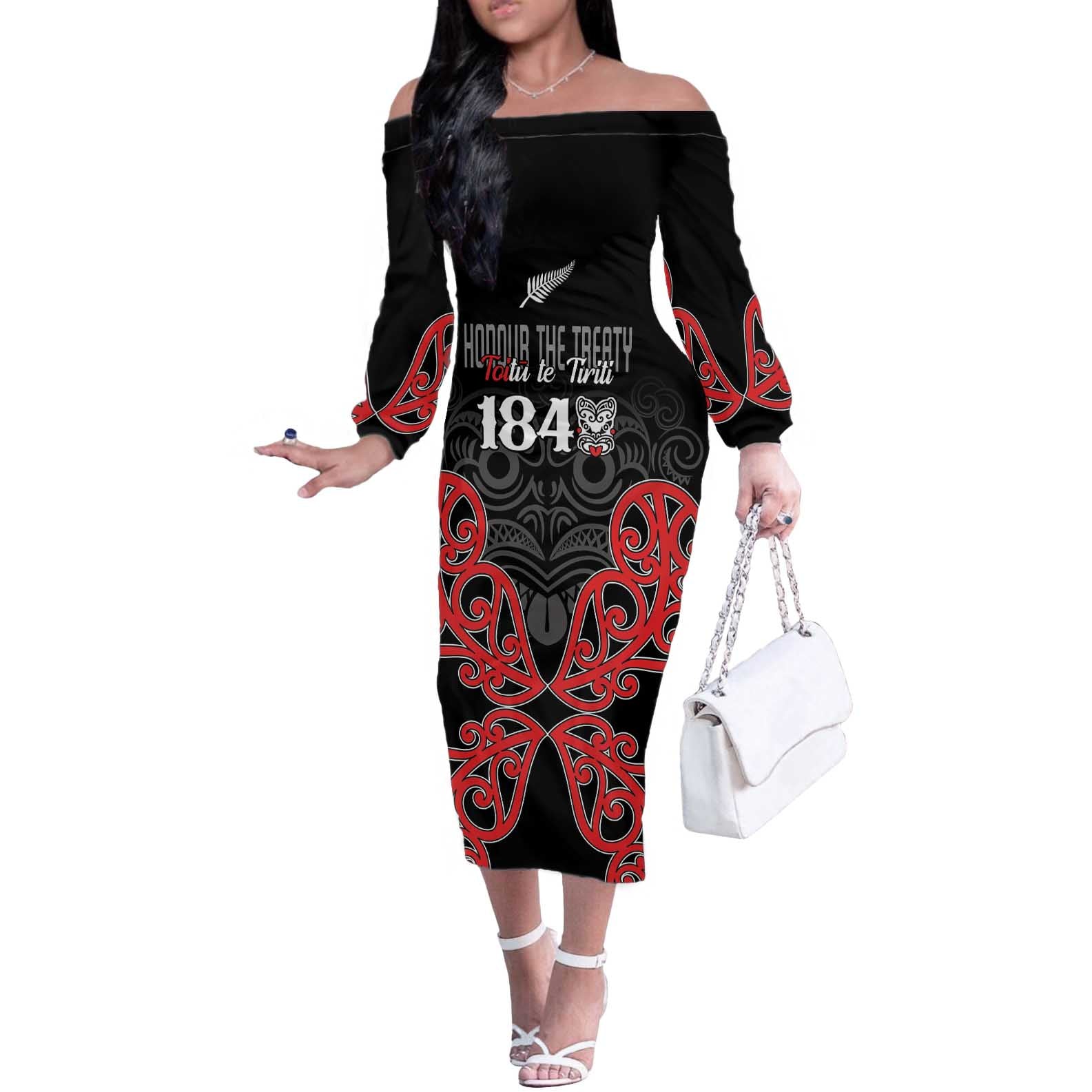 Toitu Te Tiriti 1840 Aotearoa Off The Shoulder Long Sleeve Dress Stand Together Stand Stronger LT01 Women Black - Polynesian Pride