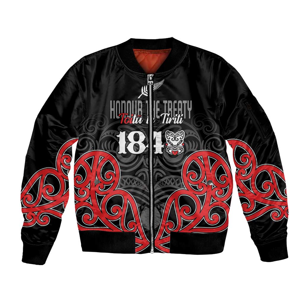 Toitu Te Tiriti 1840 Aotearoa Sleeve Zip Bomber Jacket Stand Together Stand Stronger LT01 Unisex Black - Polynesian Pride