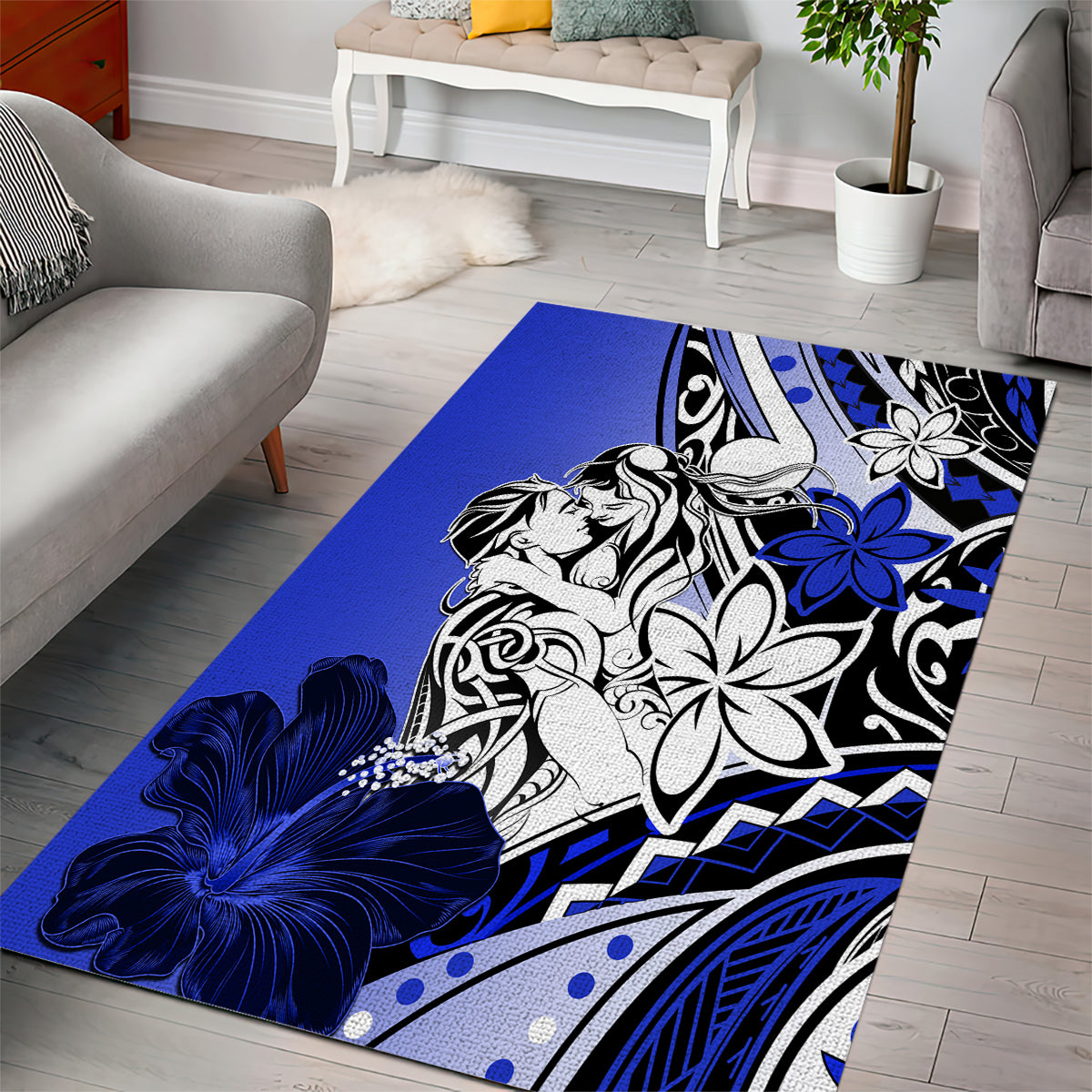 Polynesian Valentine Area Rug Couple Floral Unique Blue Version LT01 - Polynesian Pride