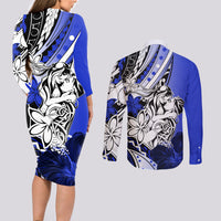 Polynesian Valentine Couples Matching Long Sleeve Bodycon Dress and Long Sleeve Button Shirt Couple Floral Unique Blue Version LT01 - Polynesian Pride