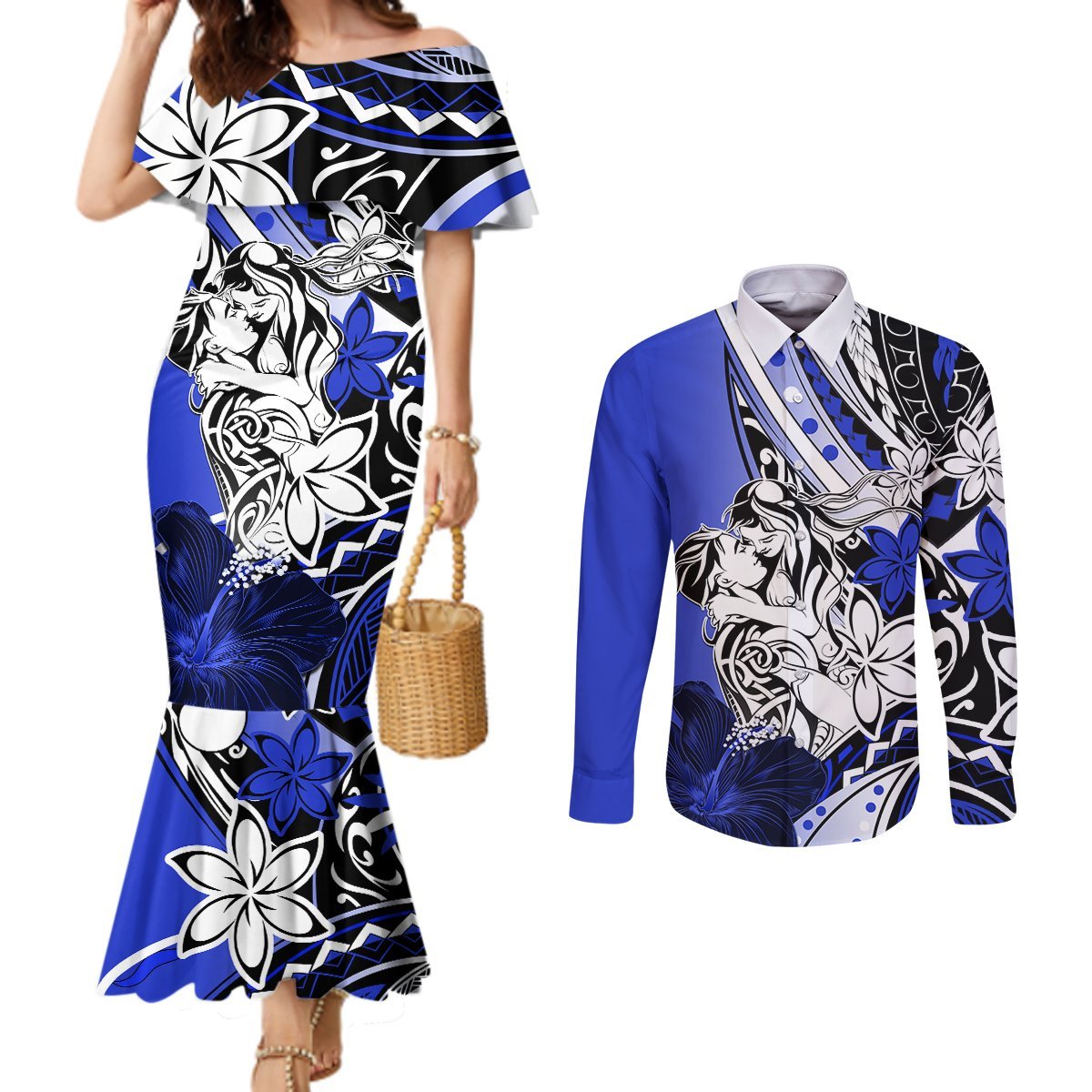 Polynesian Valentine Couples Matching Mermaid Dress and Long Sleeve Button Shirt Couple Floral Unique Blue Version LT01 Blue - Polynesian Pride