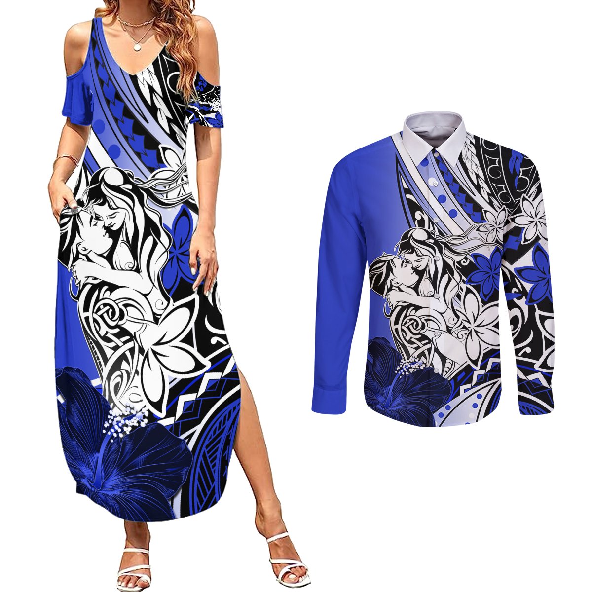 Polynesian Valentine Couples Matching Summer Maxi Dress and Long Sleeve Button Shirt Couple Floral Unique Blue Version LT01 Blue - Polynesian Pride