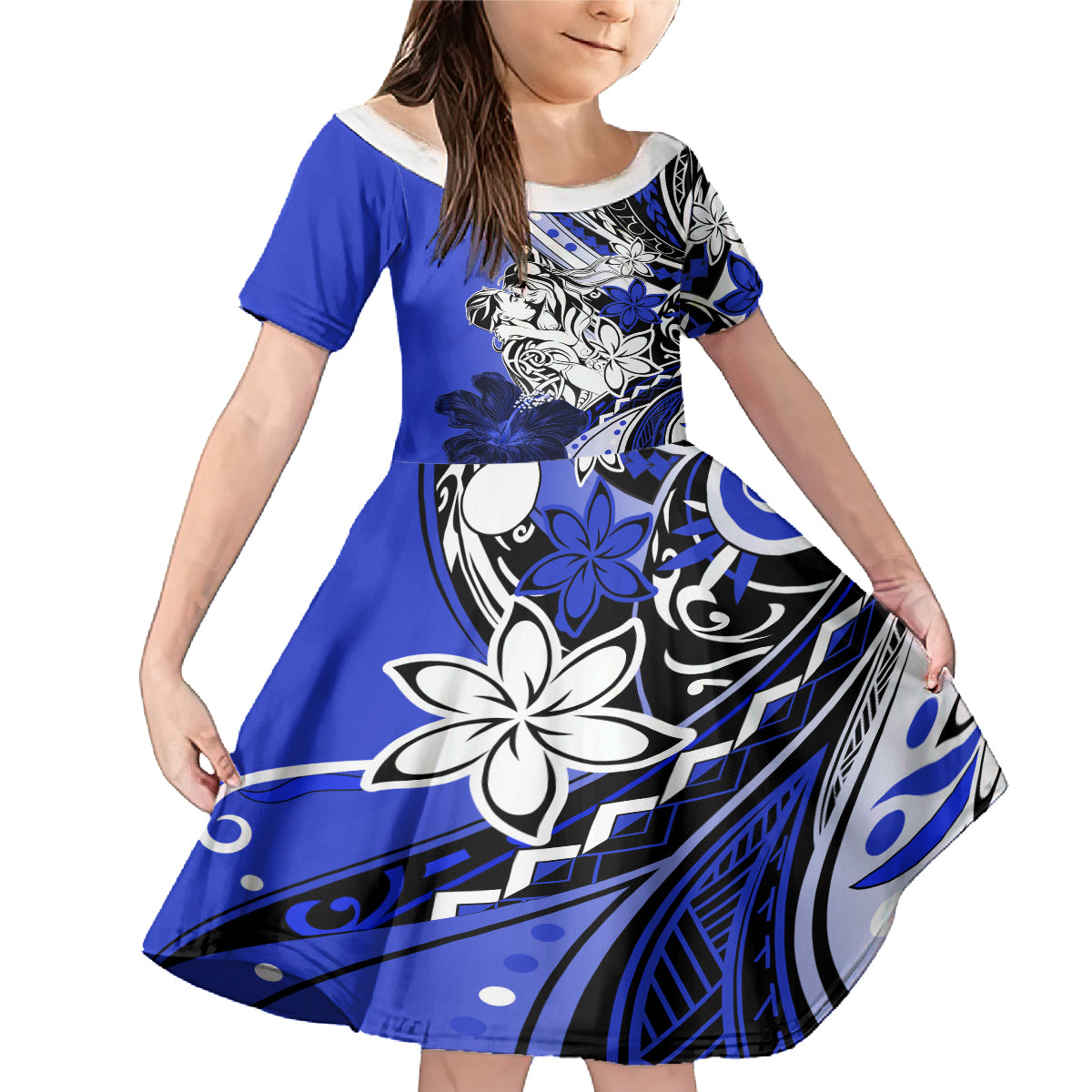 Polynesian Valentine Family Matching Mermaid Dress and Hawaiian Shirt Couple Floral Unique Blue Version LT01 Daughter's Dress Blue - Polynesian Pride