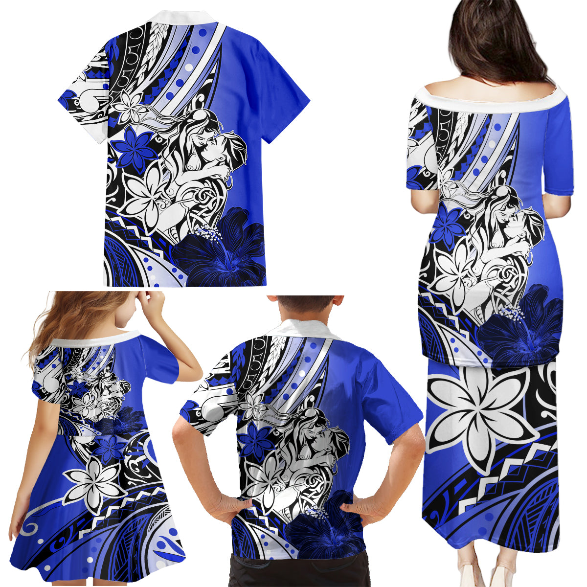 Polynesian Valentine Family Matching Puletasi and Hawaiian Shirt Couple Floral Unique Blue Version LT01 - Polynesian Pride