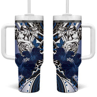 Polynesian Valentine Tumbler With Handle Couple Floral Unique Blue Version