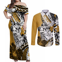 Polynesian Valentine Couples Matching Off Shoulder Maxi Dress and Long Sleeve Button Shirt Couple Floral Unique Gold Version LT01 Gold - Polynesian Pride