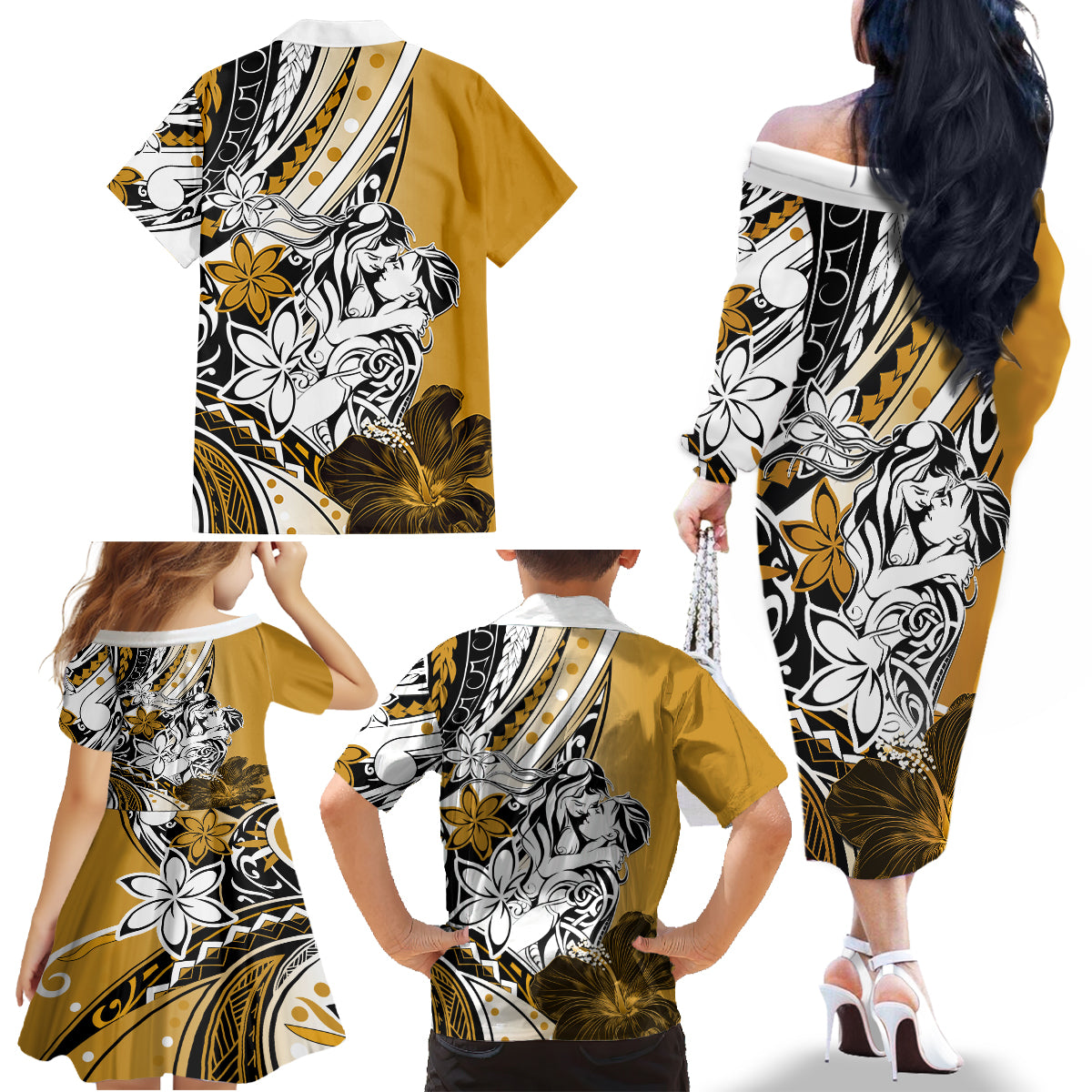 Polynesian Valentine Family Matching Off Shoulder Long Sleeve Dress and Hawaiian Shirt Couple Floral Unique Gold Version LT01 - Polynesian Pride