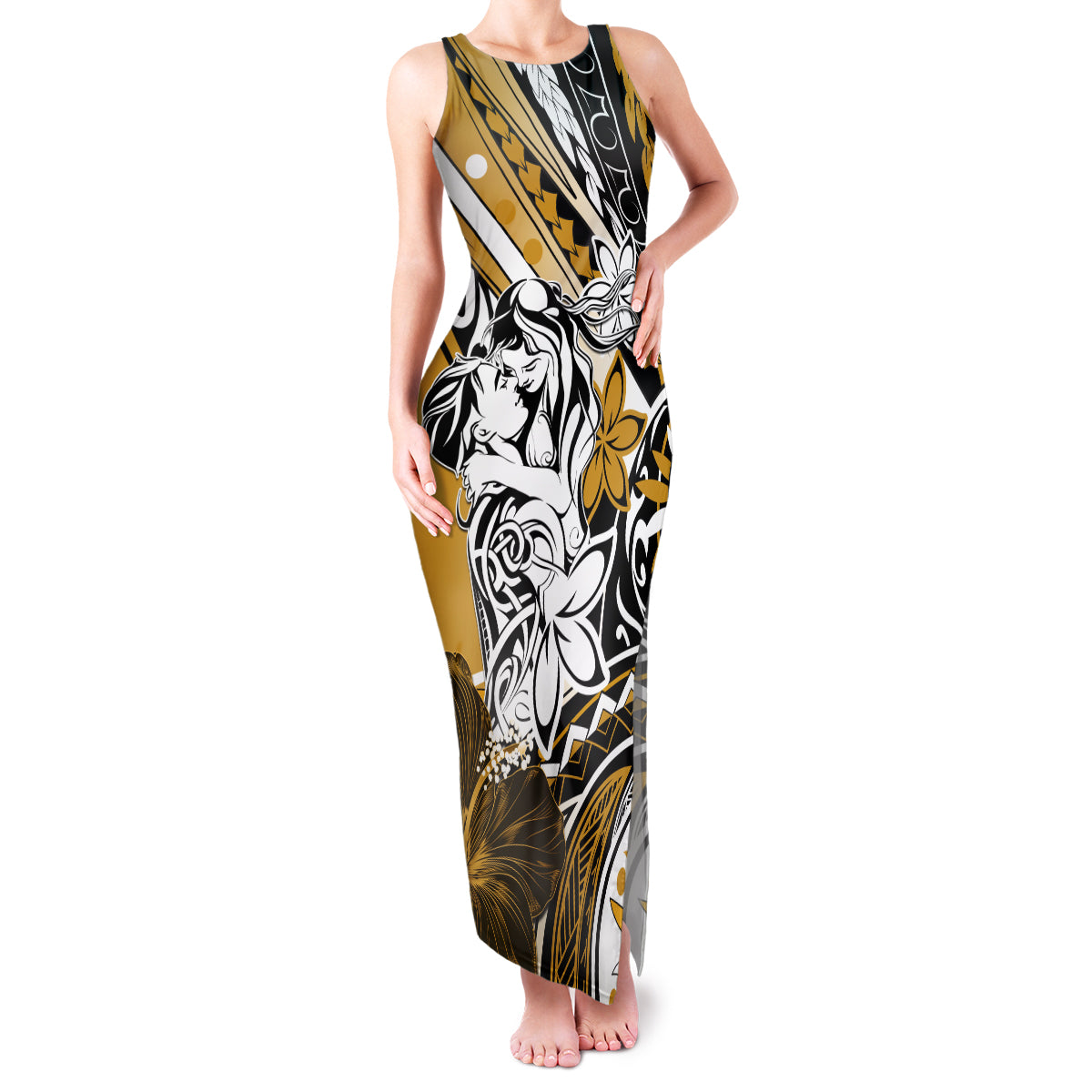 Polynesian Valentine Family Matching Tank Maxi Dress and Hawaiian Shirt Couple Floral Unique Gold Version LT01 Mom's Dress Gold - Polynesian Pride