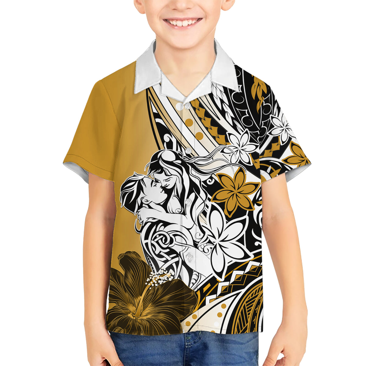 Polynesian Valentine Kid Hawaiian Shirt Couple Floral Unique Gold Version LT01 Kid Gold - Polynesian Pride