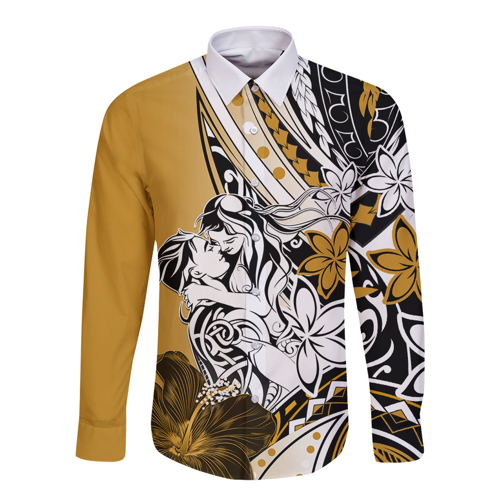 Polynesian Valentine Long Sleeve Button Shirt Couple Floral Unique Gold Version LT01 Unisex Gold - Polynesian Pride