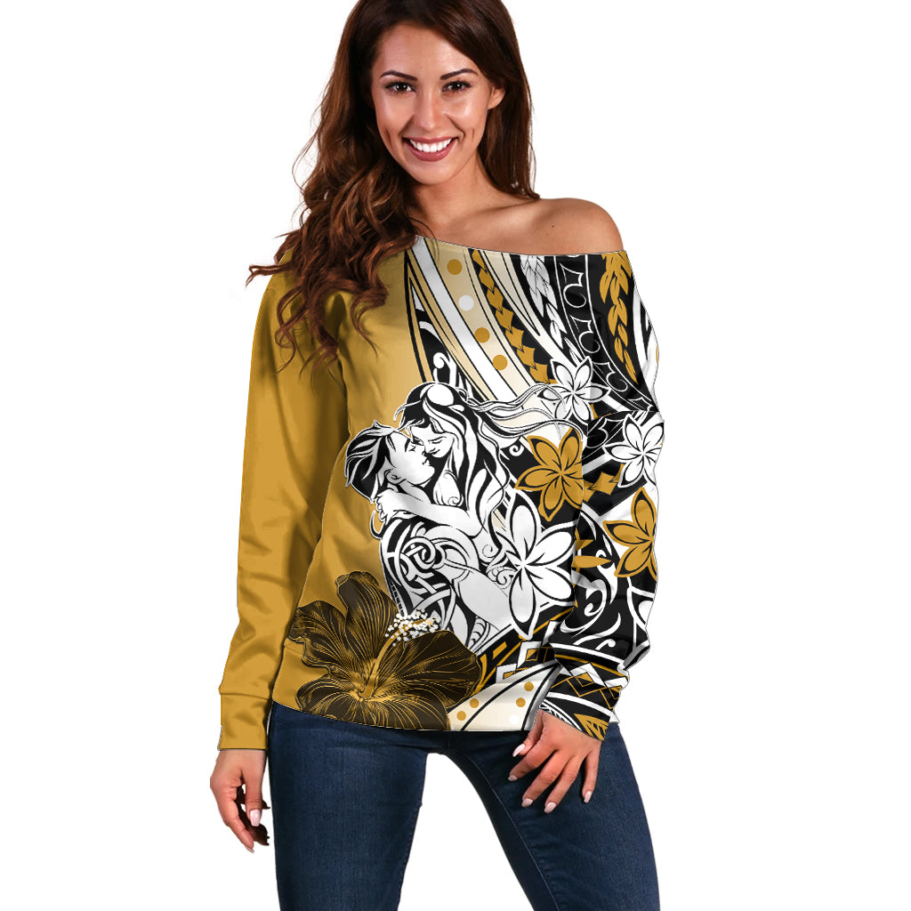 Polynesian Valentine Off Shoulder Sweater Couple Floral Unique Gold Version LT01 Women Gold - Polynesian Pride
