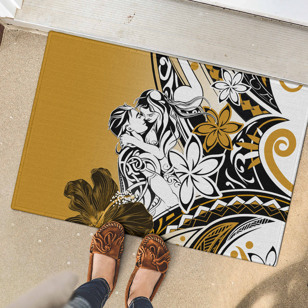 Polynesian Valentine Rubber Doormat Couple Floral Unique Gold Version LT01 - Polynesian Pride