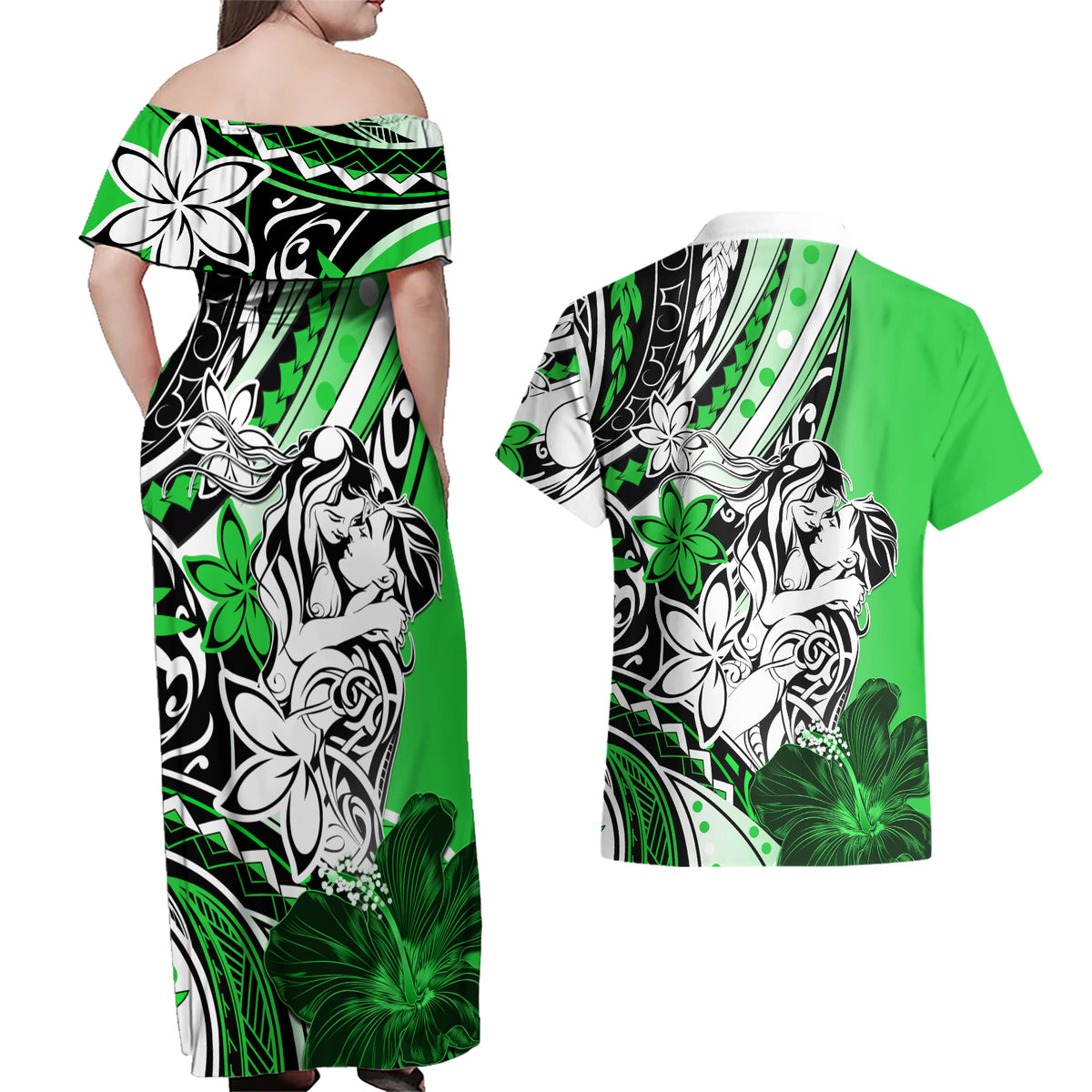 Polynesian Valentine Couples Matching Off Shoulder Maxi Dress and Hawaiian Shirt Couple Floral Unique Green Version LT01 - Polynesian Pride