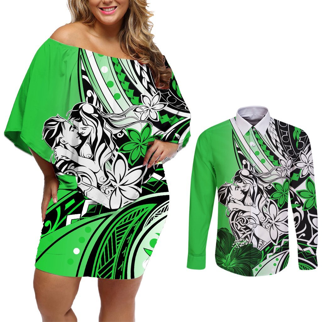 Polynesian Valentine Couples Matching Off Shoulder Short Dress and Long Sleeve Button Shirt Couple Floral Unique Green Version LT01 Green - Polynesian Pride