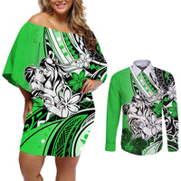 Polynesian Valentine Couples Matching Off Shoulder Short Dress and Long Sleeve Button Shirt Couple Floral Unique Green Version LT01 Green - Polynesian Pride