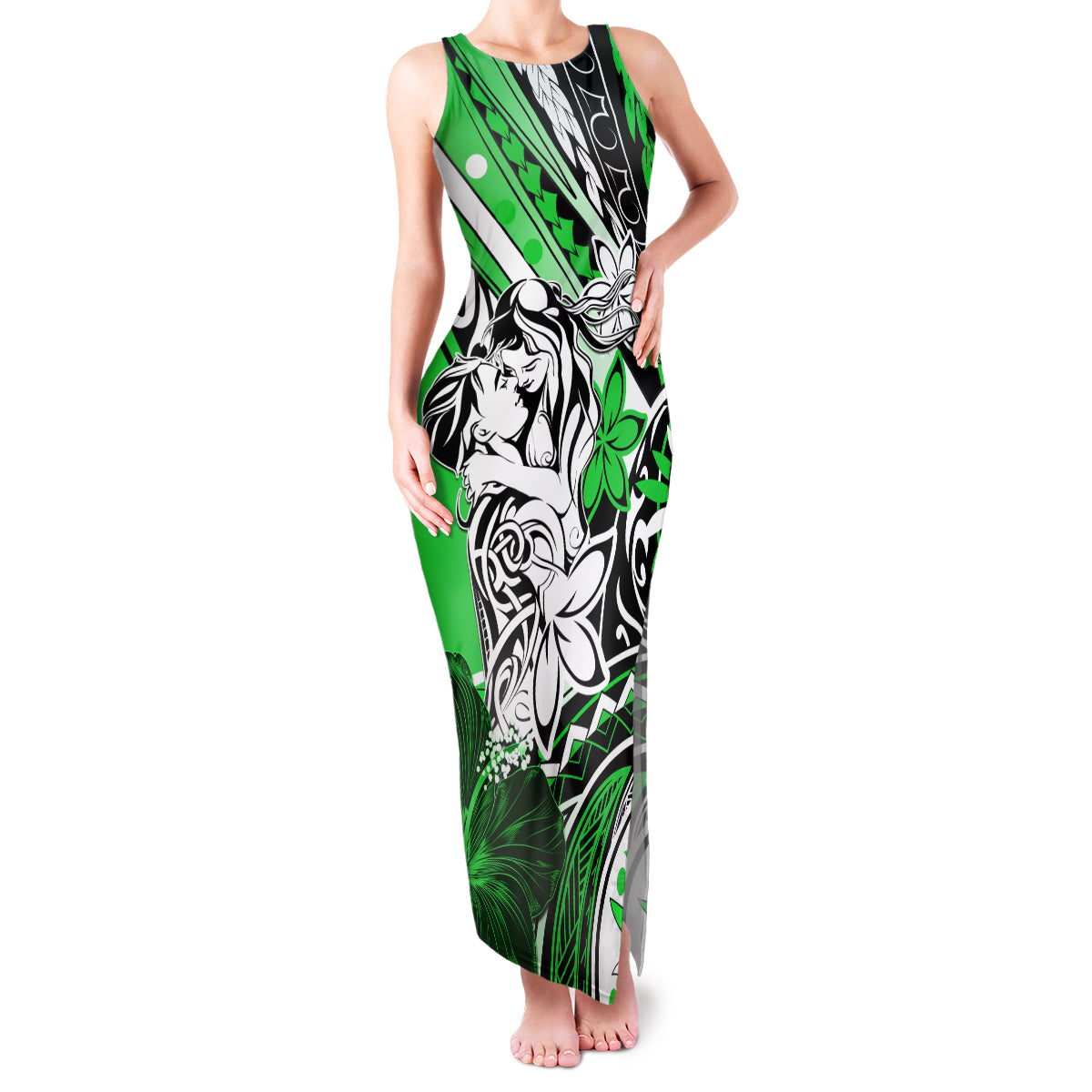 Polynesian Valentine Family Matching Tank Maxi Dress and Hawaiian Shirt Couple Floral Unique Green Version LT01 Mom's Dress Green - Polynesian Pride