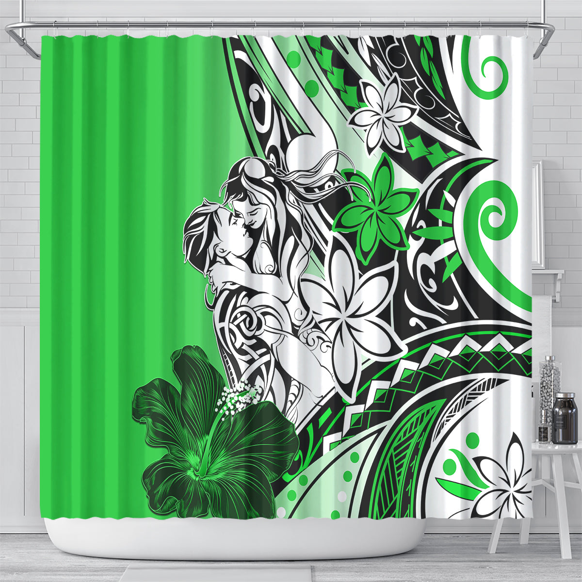 Polynesian Valentine Shower Curtain Couple Floral Unique Green Version LT01 - Polynesian Pride