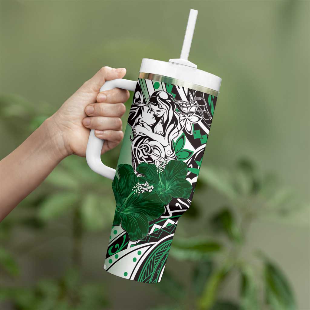 Polynesian Valentine Tumbler With Handle Couple Floral Unique Green Version