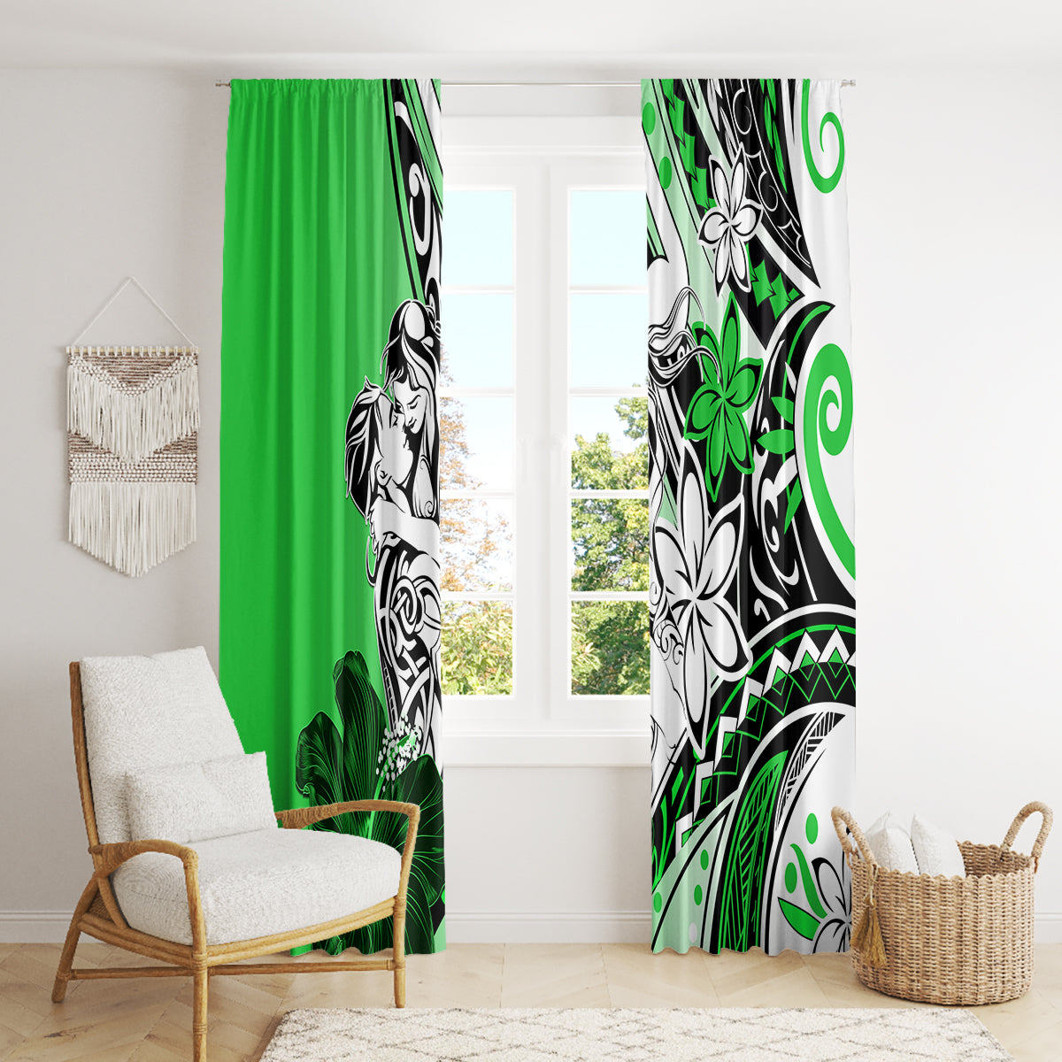 Polynesian Valentine Window Curtain Couple Floral Unique Green Version LT01 - Polynesian Pride