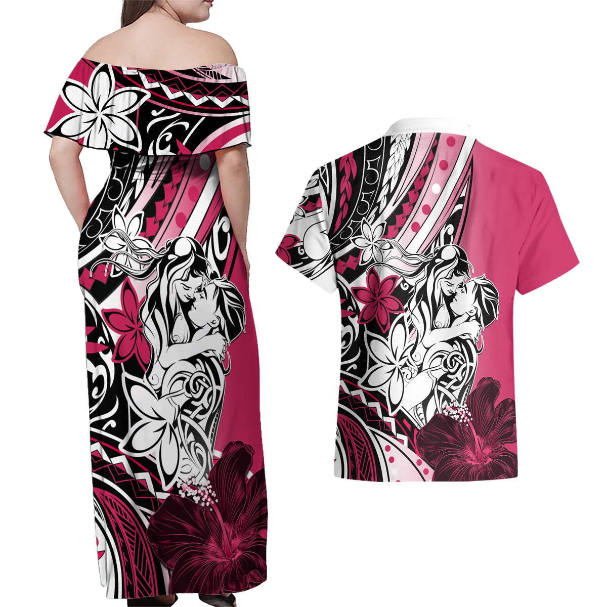 Polynesian Valentine Couples Matching Off Shoulder Maxi Dress and Hawaiian Shirt Couple Floral Unique Pink Version LT01 - Polynesian Pride