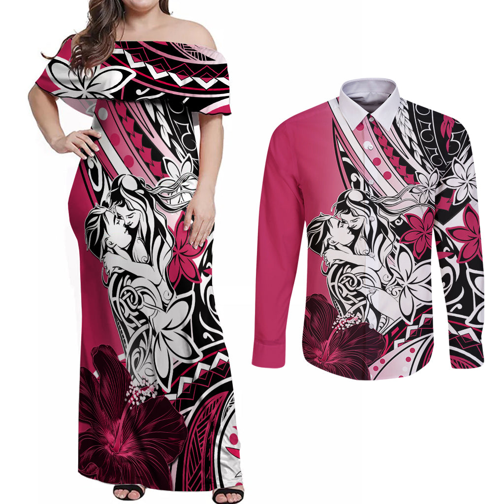 Polynesian Valentine Couples Matching Off Shoulder Maxi Dress and Long Sleeve Button Shirt Couple Floral Unique Pink Version LT01 Pink - Polynesian Pride