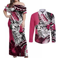 Polynesian Valentine Couples Matching Off Shoulder Maxi Dress and Long Sleeve Button Shirt Couple Floral Unique Pink Version LT01 Pink - Polynesian Pride