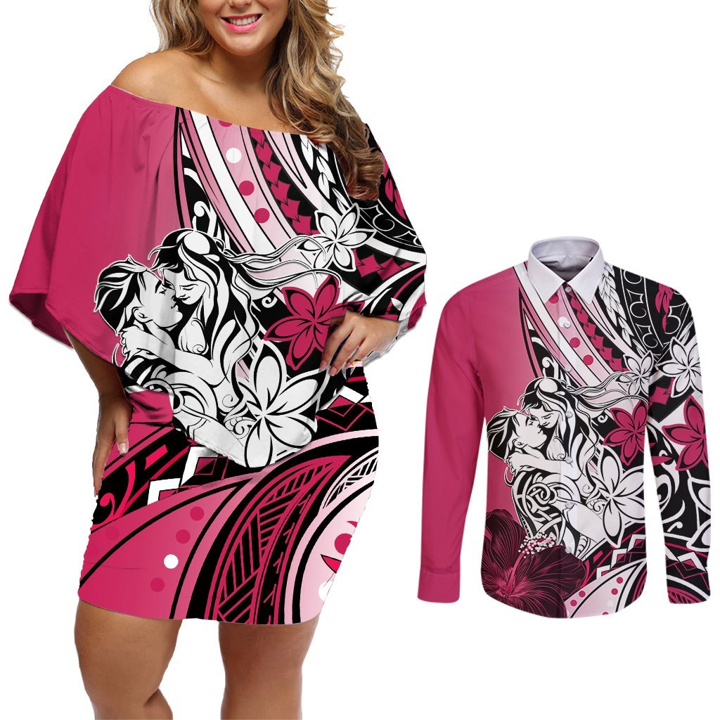 Polynesian Valentine Couples Matching Off Shoulder Short Dress and Long Sleeve Button Shirt Couple Floral Unique Pink Version LT01 Pink - Polynesian Pride