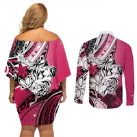 Polynesian Valentine Couples Matching Off Shoulder Short Dress and Long Sleeve Button Shirt Couple Floral Unique Pink Version LT01 - Polynesian Pride