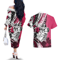 Polynesian Valentine Couples Matching Off The Shoulder Long Sleeve Dress and Hawaiian Shirt Couple Floral Unique Pink Version LT01 - Polynesian Pride
