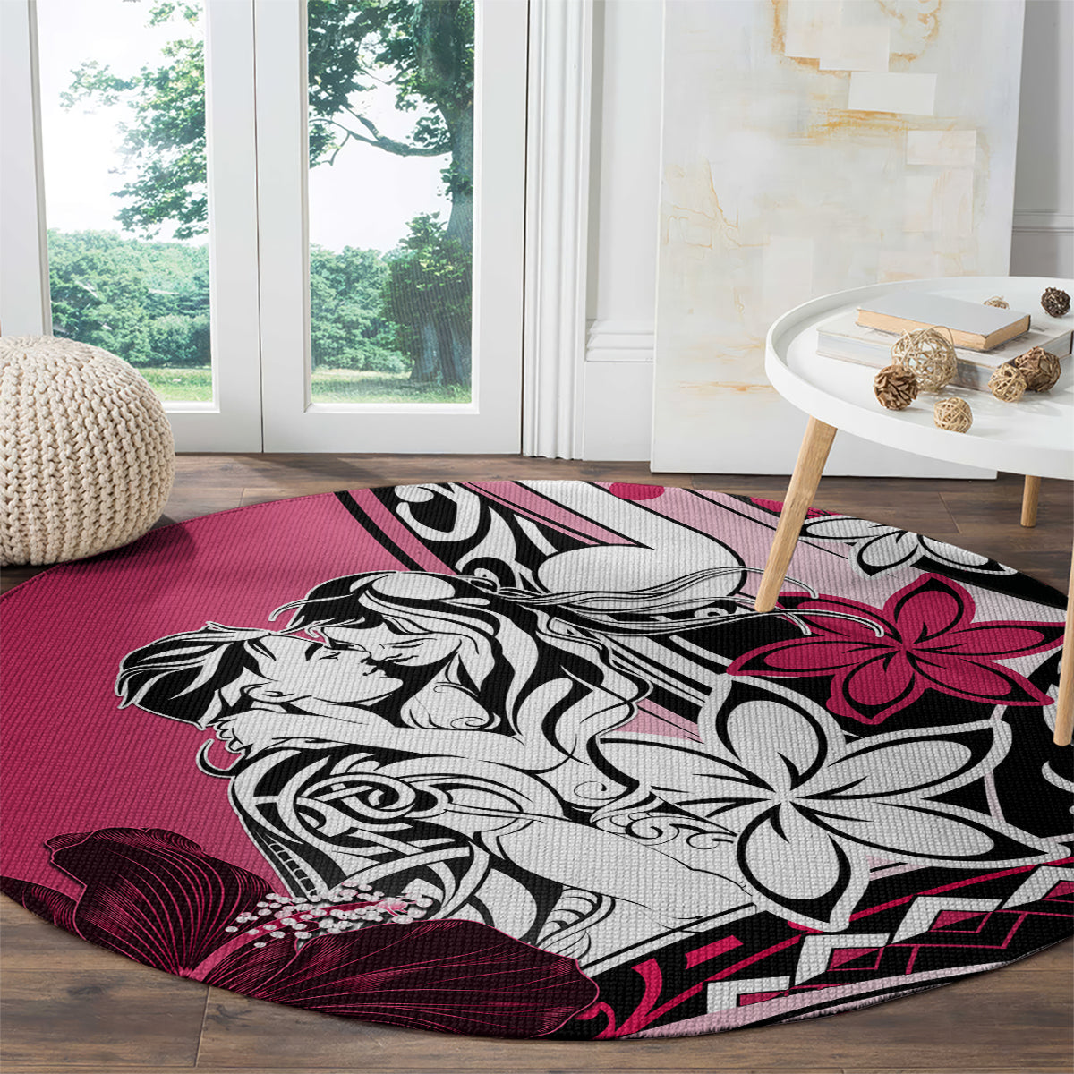 Polynesian Valentine Round Carpet Couple Floral Unique Pink Version LT01 - Polynesian Pride