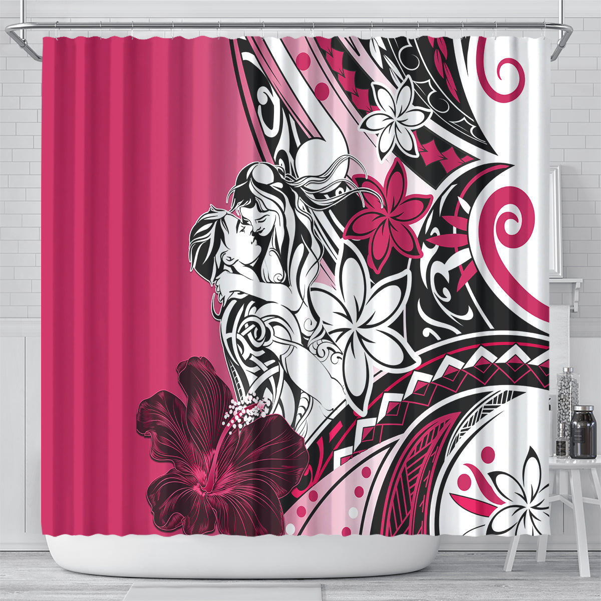 Polynesian Valentine Shower Curtain Couple Floral Unique Pink Version LT01 - Polynesian Pride