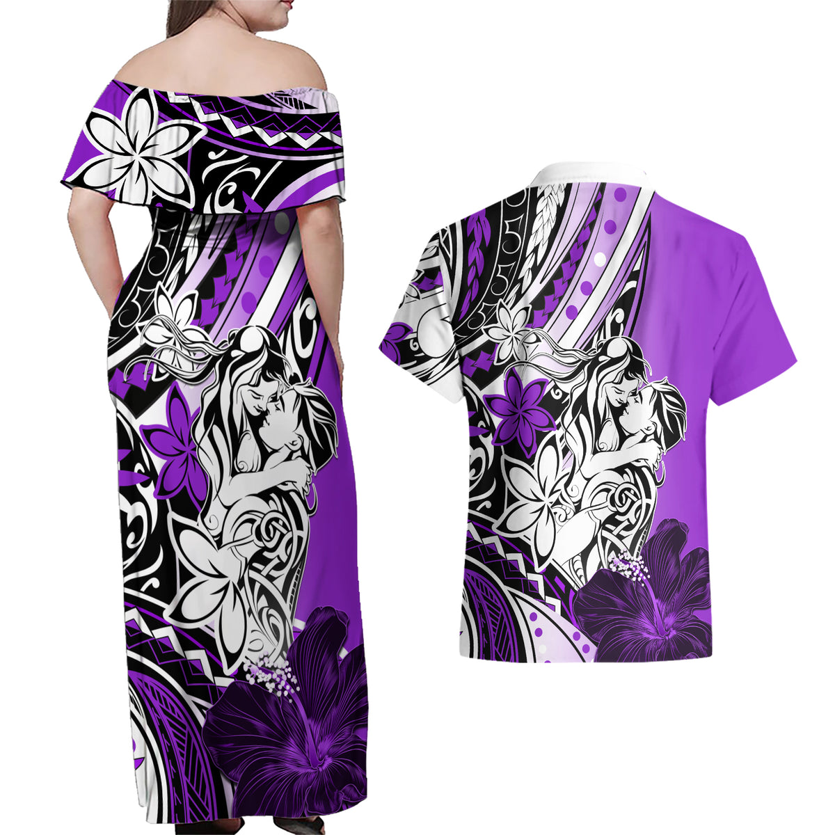 Polynesian Valentine Couples Matching Off Shoulder Maxi Dress and Hawaiian Shirt Couple Floral Unique Purple Version LT01 - Polynesian Pride