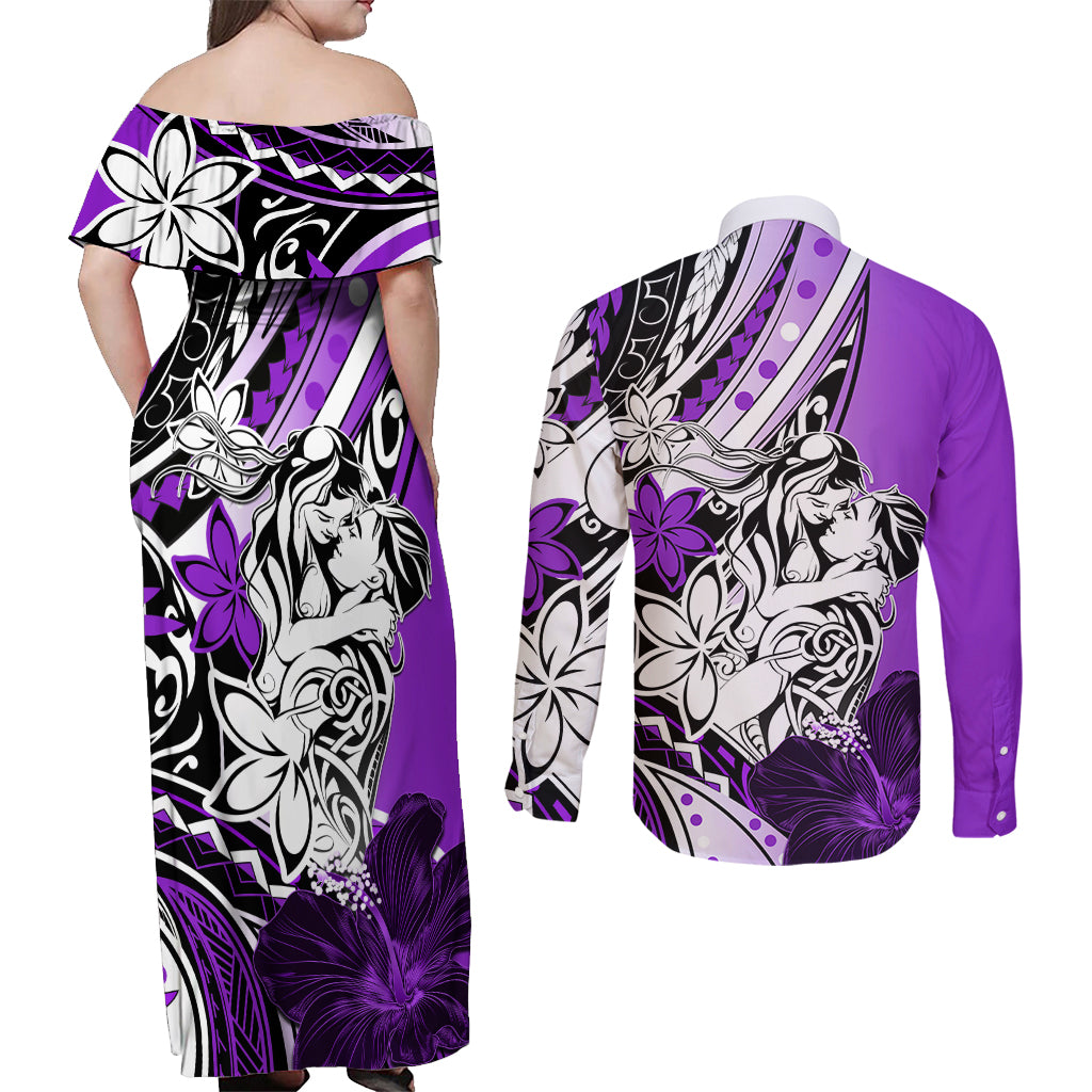 Polynesian Valentine Couples Matching Off Shoulder Maxi Dress and Long Sleeve Button Shirt Couple Floral Unique Purple Version LT01 - Polynesian Pride
