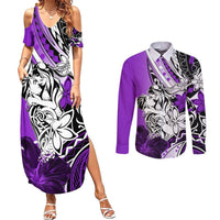 Polynesian Valentine Couples Matching Summer Maxi Dress and Long Sleeve Button Shirt Couple Floral Unique Purple Version LT01 Purple - Polynesian Pride