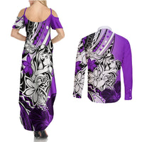 Polynesian Valentine Couples Matching Summer Maxi Dress and Long Sleeve Button Shirt Couple Floral Unique Purple Version LT01 - Polynesian Pride