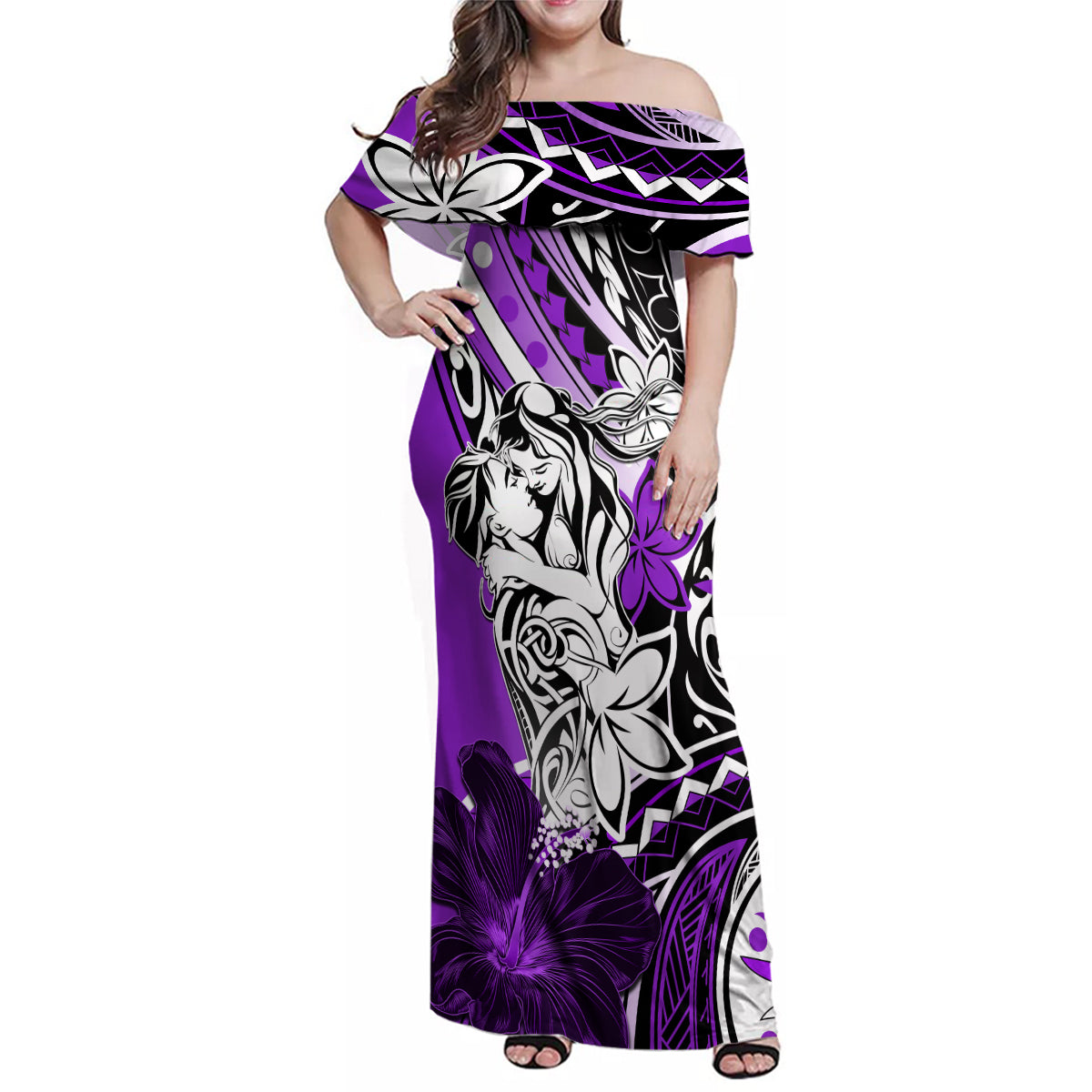 Polynesian Valentine Family Matching Off Shoulder Maxi Dress and Hawaiian Shirt Couple Floral Unique Purple Version LT01 Mom's Dress Purple - Polynesian Pride