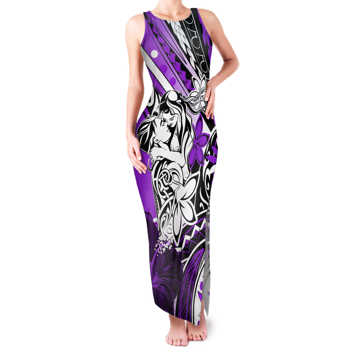 Polynesian Valentine Family Matching Tank Maxi Dress and Hawaiian Shirt Couple Floral Unique Purple Version LT01 Mom's Dress Purple - Polynesian Pride
