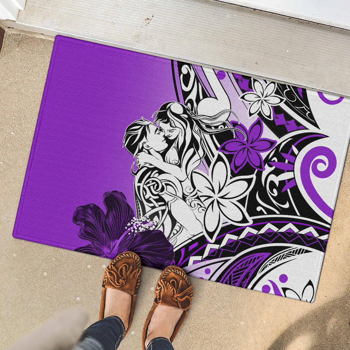 Polynesian Valentine Rubber Doormat Couple Floral Unique Purple Version LT01 - Polynesian Pride