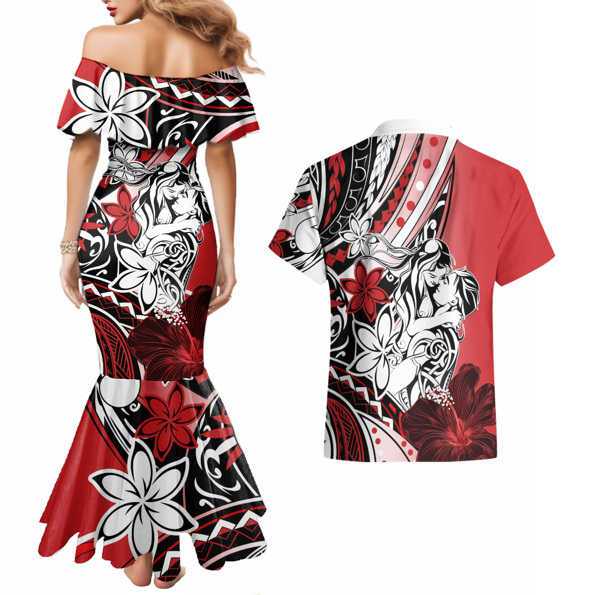 Polynesian Valentine Couples Matching Mermaid Dress and Hawaiian Shirt Couple Floral Unique Red Version LT01 - Polynesian Pride
