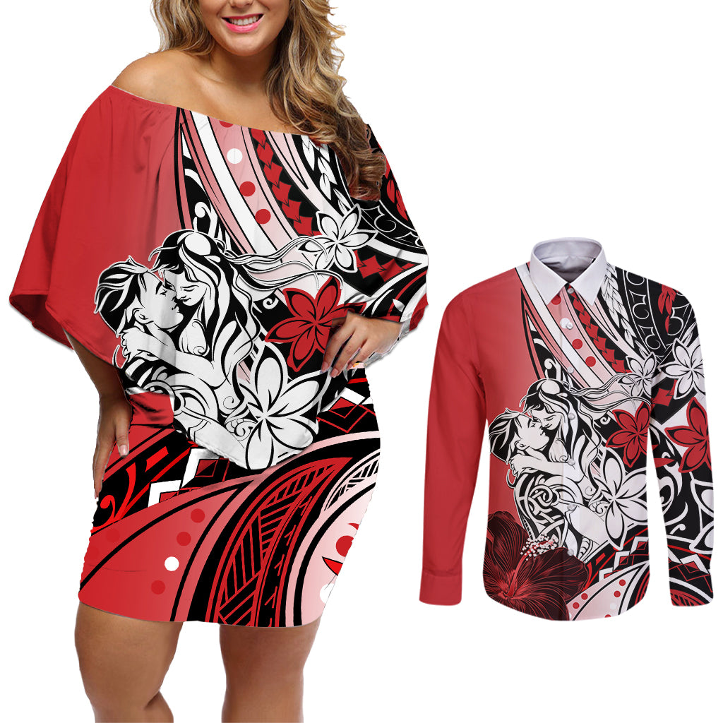 Polynesian Valentine Couples Matching Off Shoulder Short Dress and Long Sleeve Button Shirt Couple Floral Unique Red Version LT01 Red - Polynesian Pride