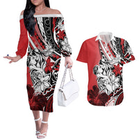 Polynesian Valentine Couples Matching Off The Shoulder Long Sleeve Dress and Hawaiian Shirt Couple Floral Unique Red Version LT01 Red - Polynesian Pride