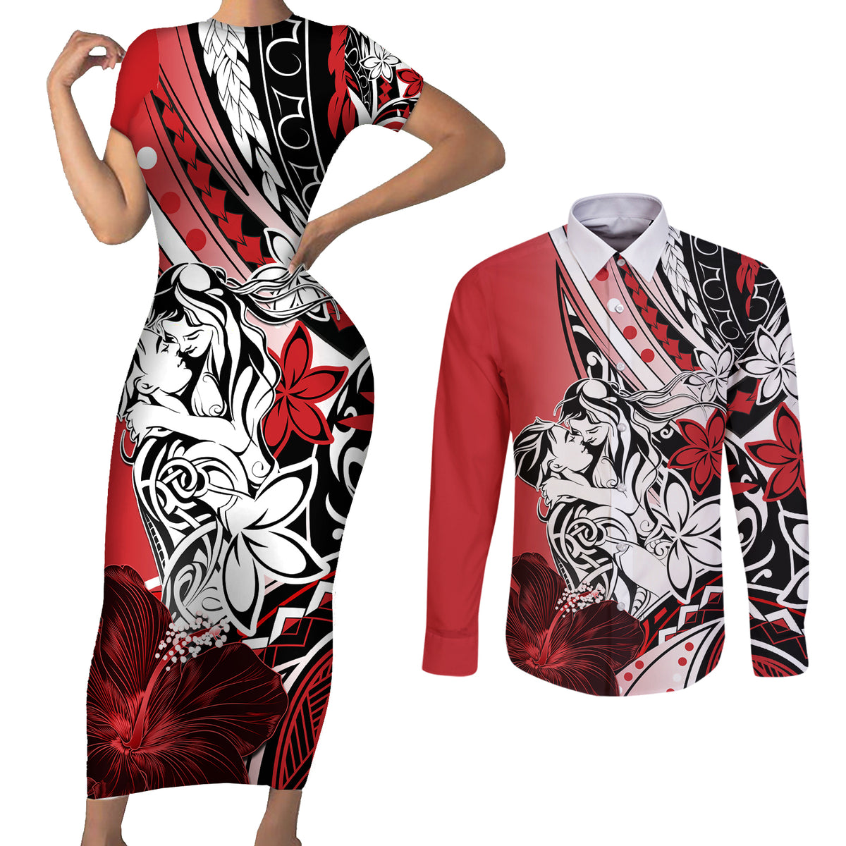 Polynesian Valentine Couples Matching Short Sleeve Bodycon Dress and Long Sleeve Button Shirt Couple Floral Unique Red Version LT01 Red - Polynesian Pride